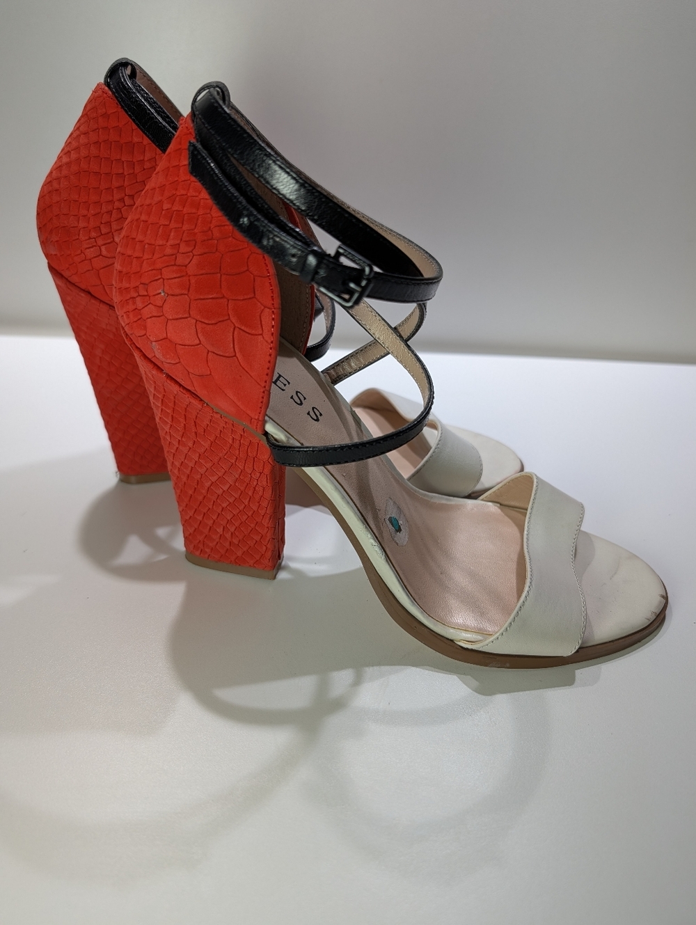 Guess Color-Block High Heel Sandals in Orange, Black & Cream